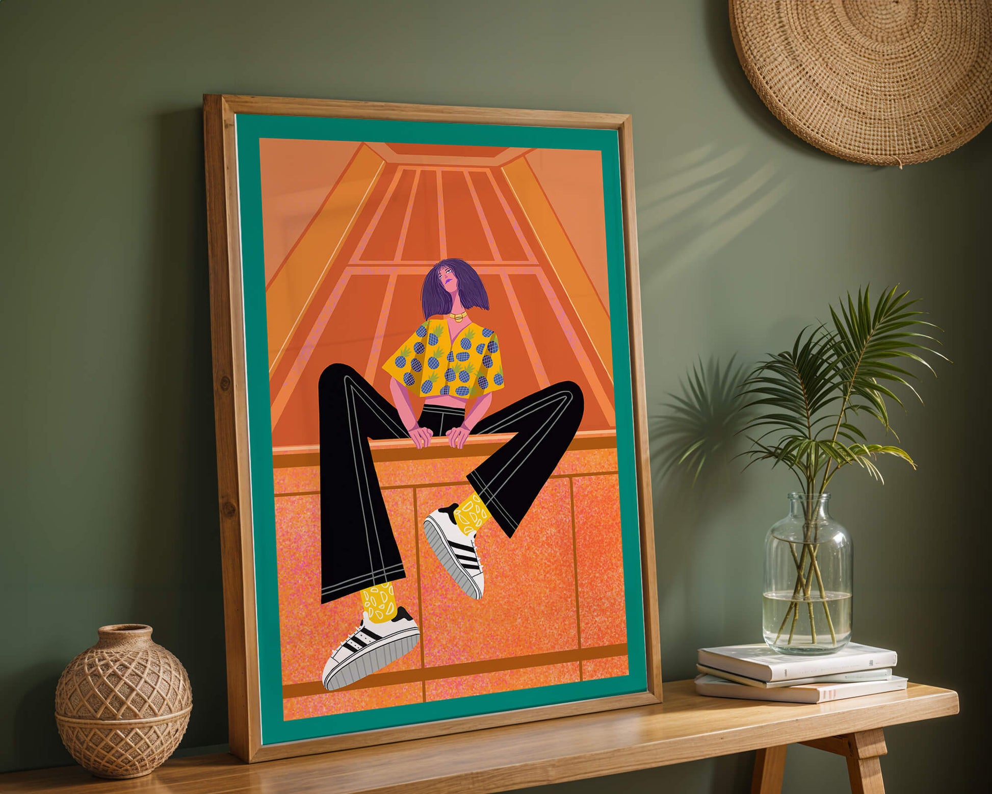 Stylish woman sitting in a vibrant geometric setting