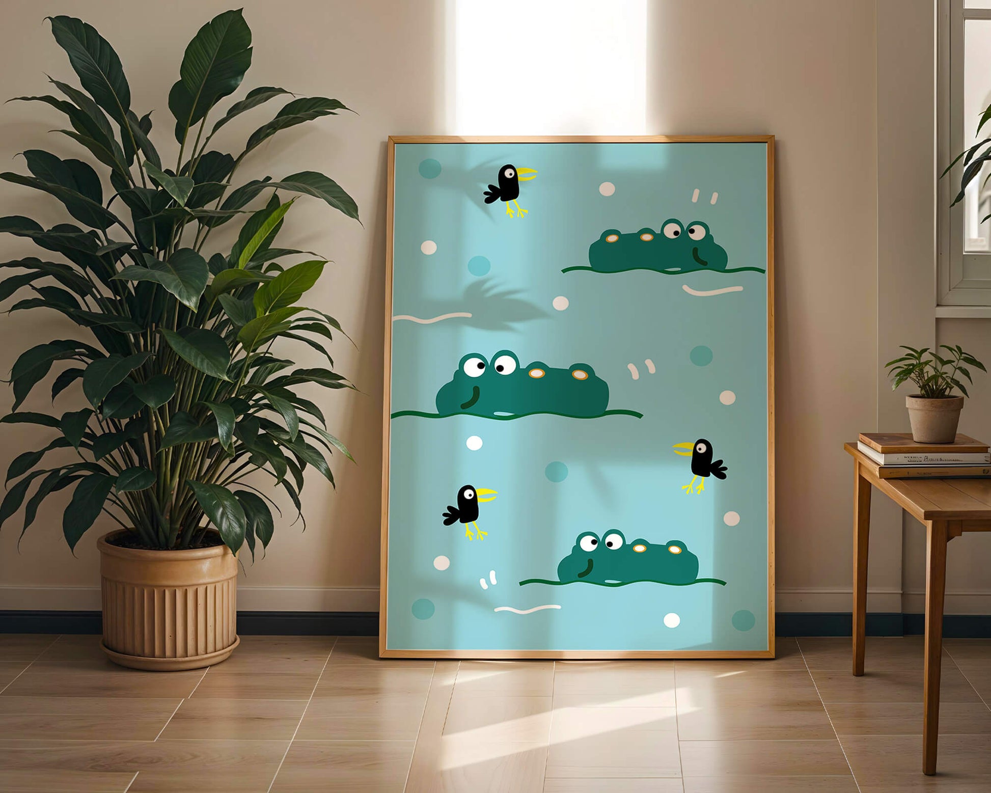 Playful cartoon crocodiles and birds on blue patterned background
