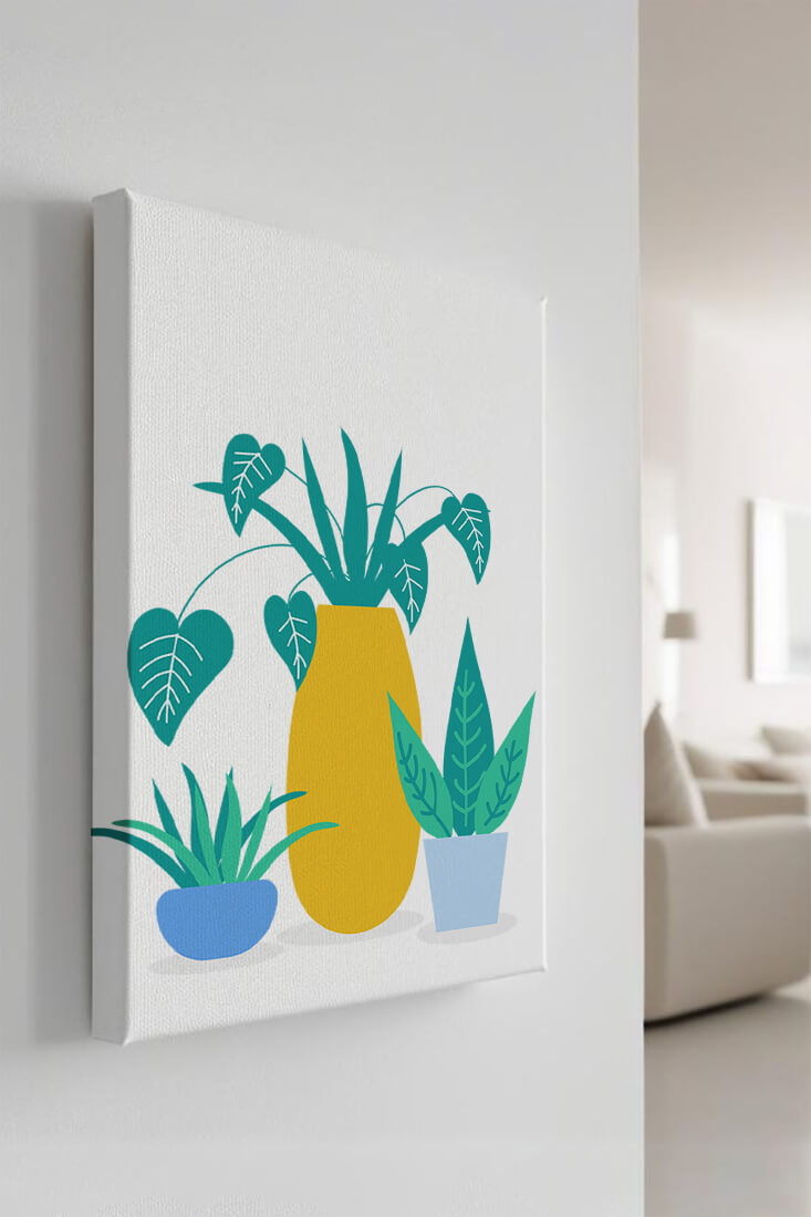 Illustration of colorful potted plants with a yellow vase