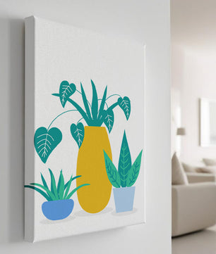 Illustration of colorful potted plants with a yellow vase