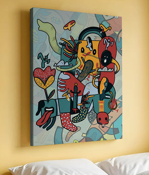 Colorful Abstract Surrealism Art with Intricate Details and Playful Characters