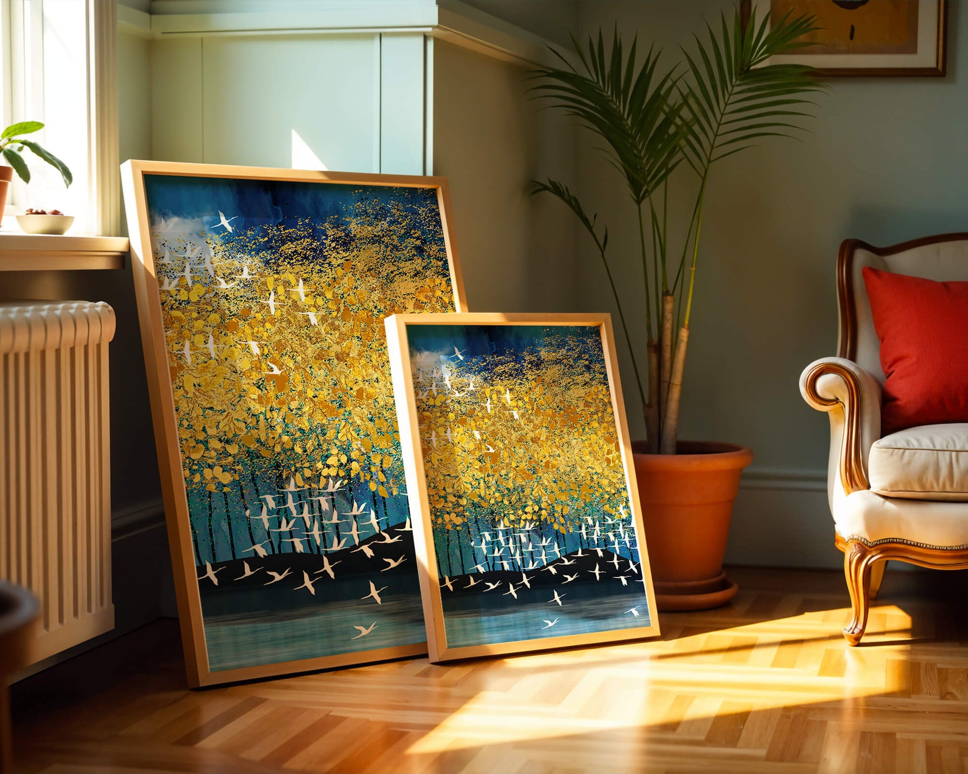 Paisaje abstracto con follaje dorado y pájaros volando