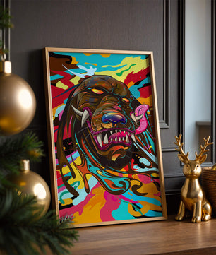 Cabeza de león abstracta y colorida con remolinos vibrantes