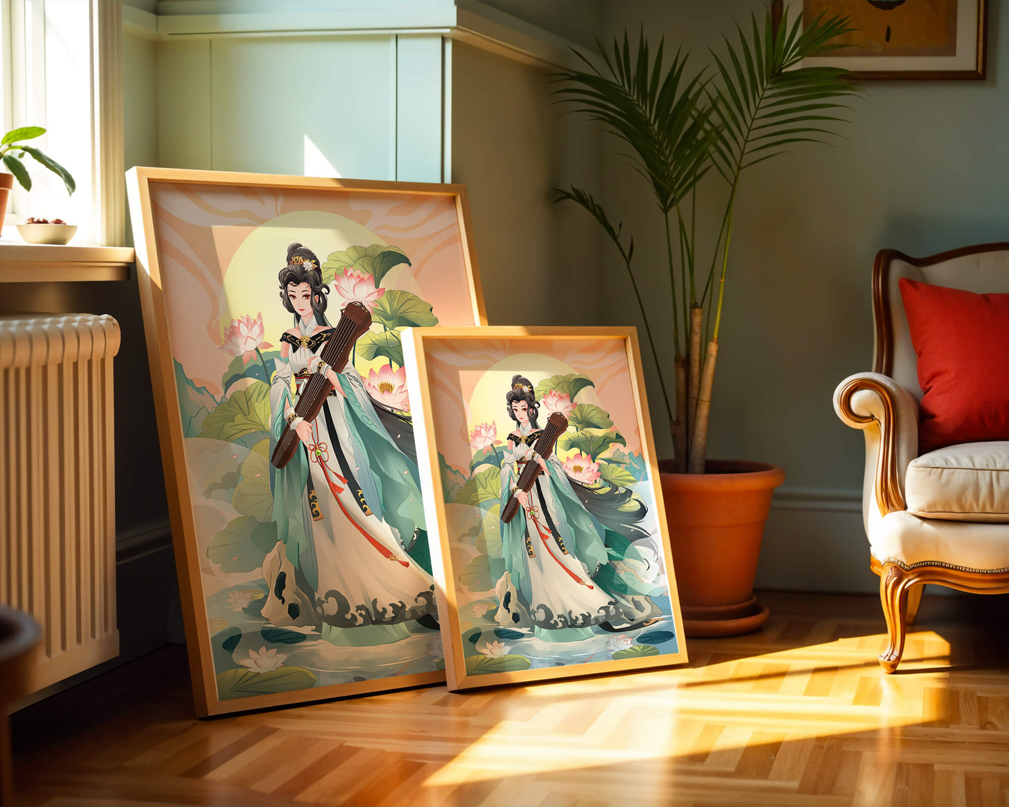 Elegant woman with traditional clothing and musical instrument in serene nature setting