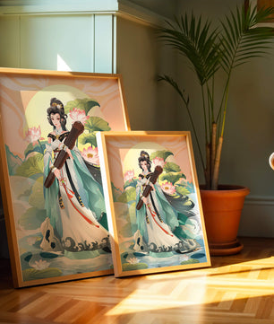 Elegant woman with traditional clothing and musical instrument in serene nature setting