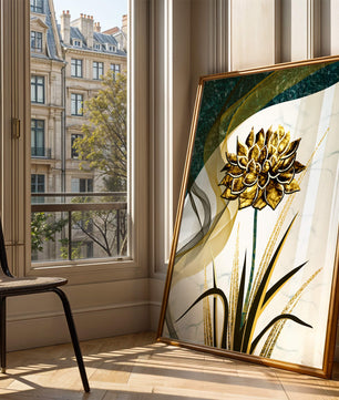 Golden flower artwork with abstract background for contemporary decor