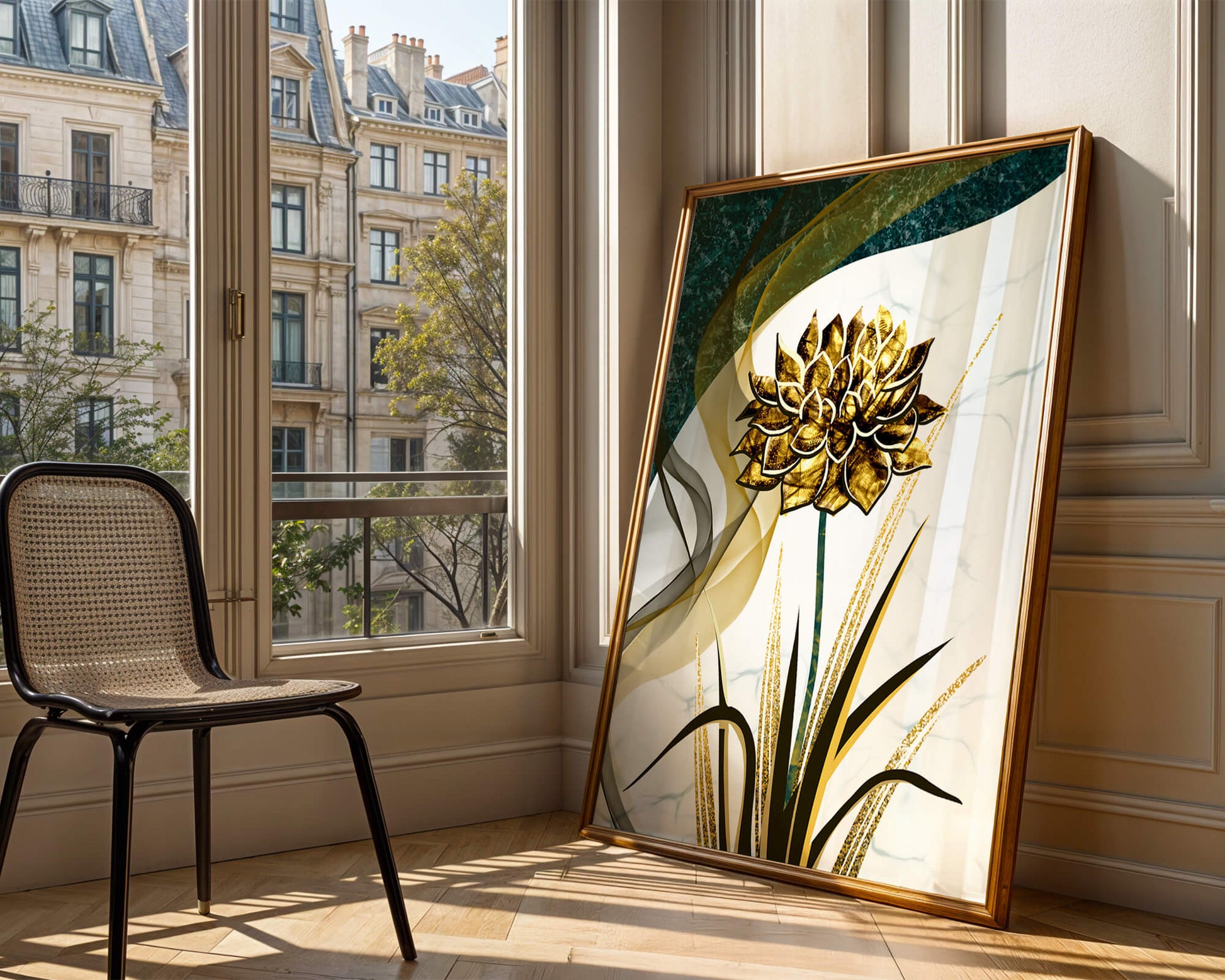 Golden flower artwork with abstract background for contemporary decor