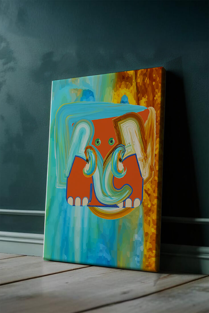 Pintura abstracta colorida de un elefante con tonos vibrantes y pinceladas artísticas.