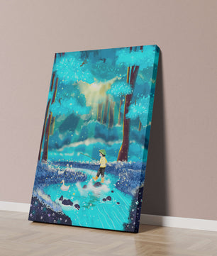 Colorful forest scene with a child and ducks by a stream