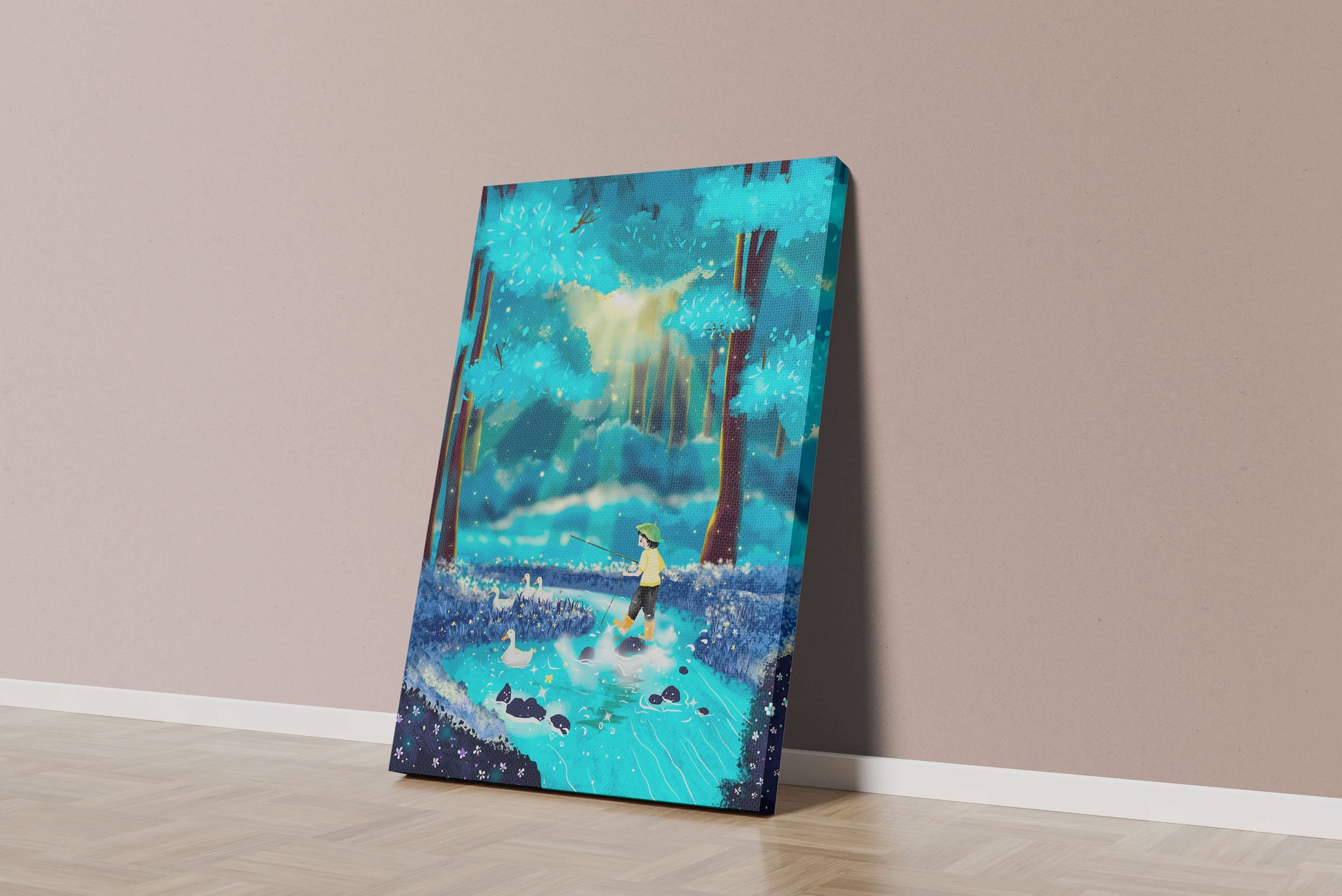 Colorful forest scene with a child and ducks by a stream