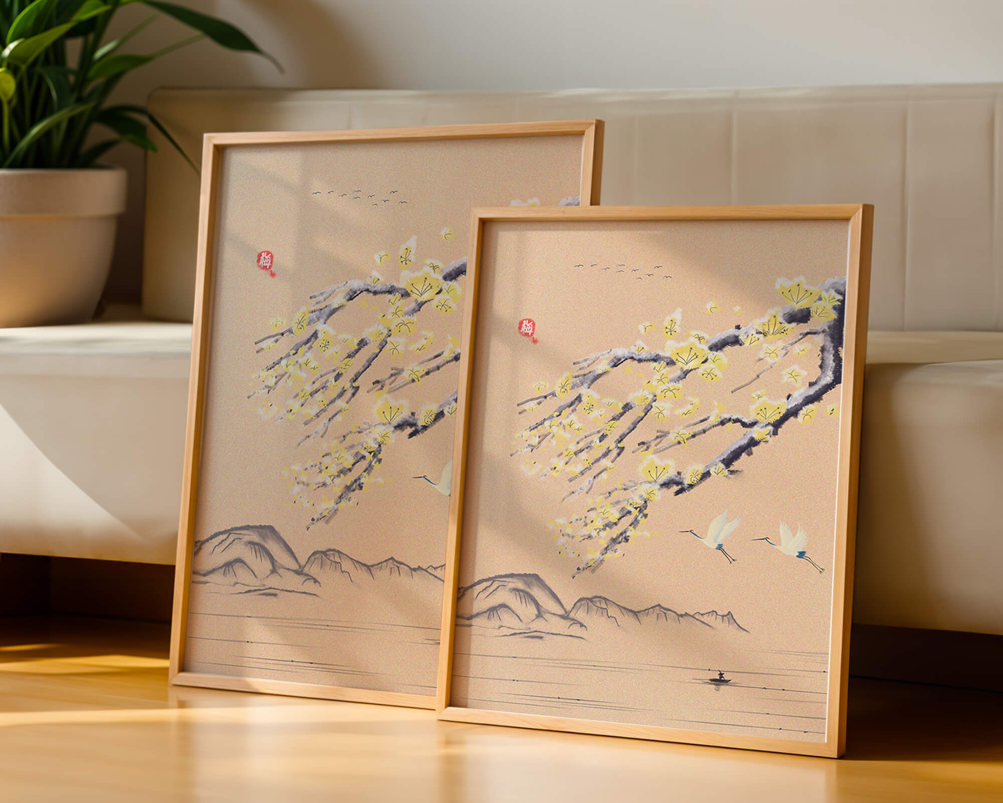 Tranquil landscape with blooming branches and flying cranes