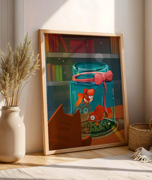 Neugierige Katze beobachtet Goldfische in einem Glas auf einem Bücherregal
