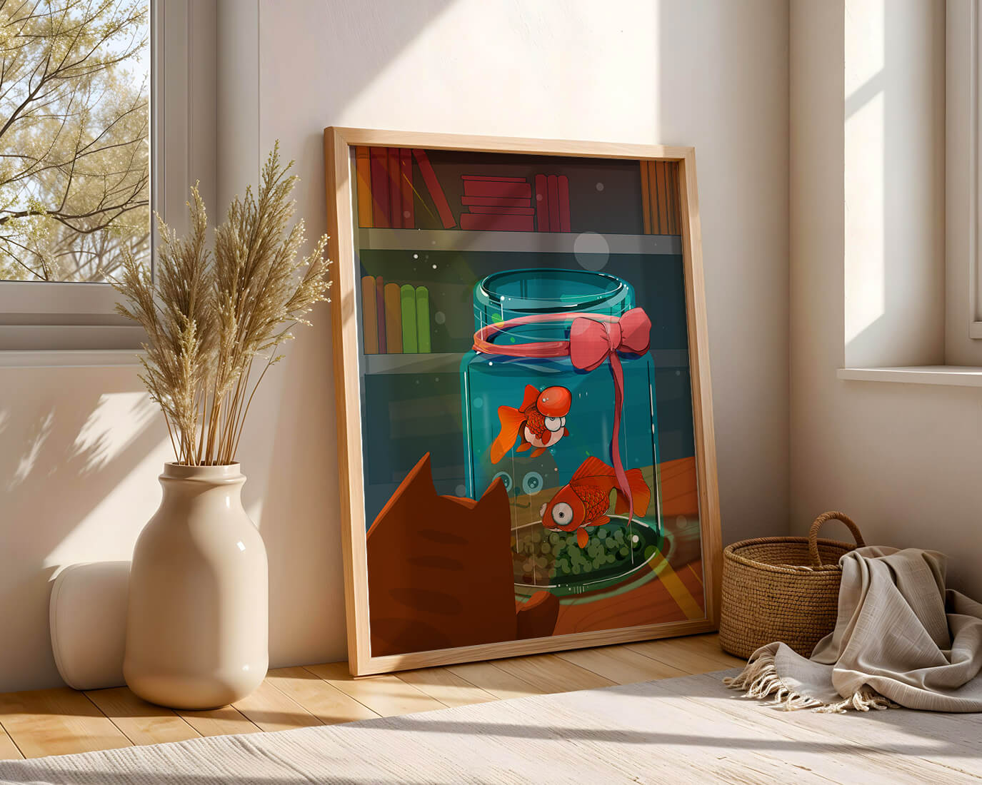 Neugierige Katze beobachtet Goldfische in einem Glas auf einem Bücherregal