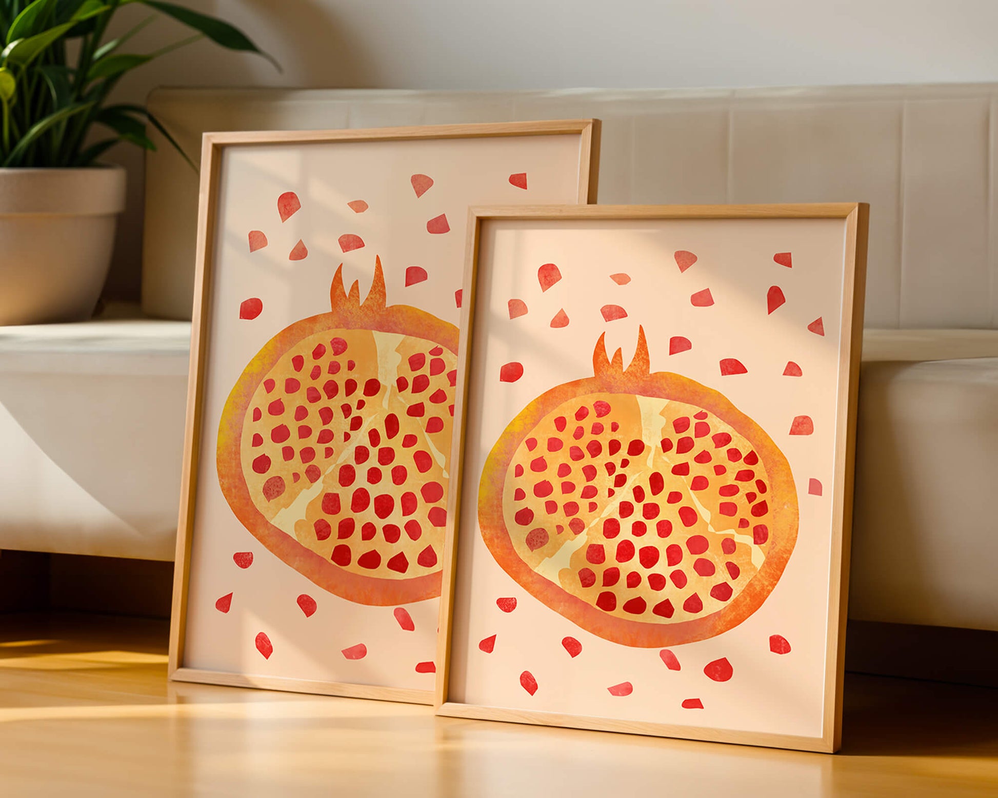 Colorful abstract pomegranate illustration with scattered seeds