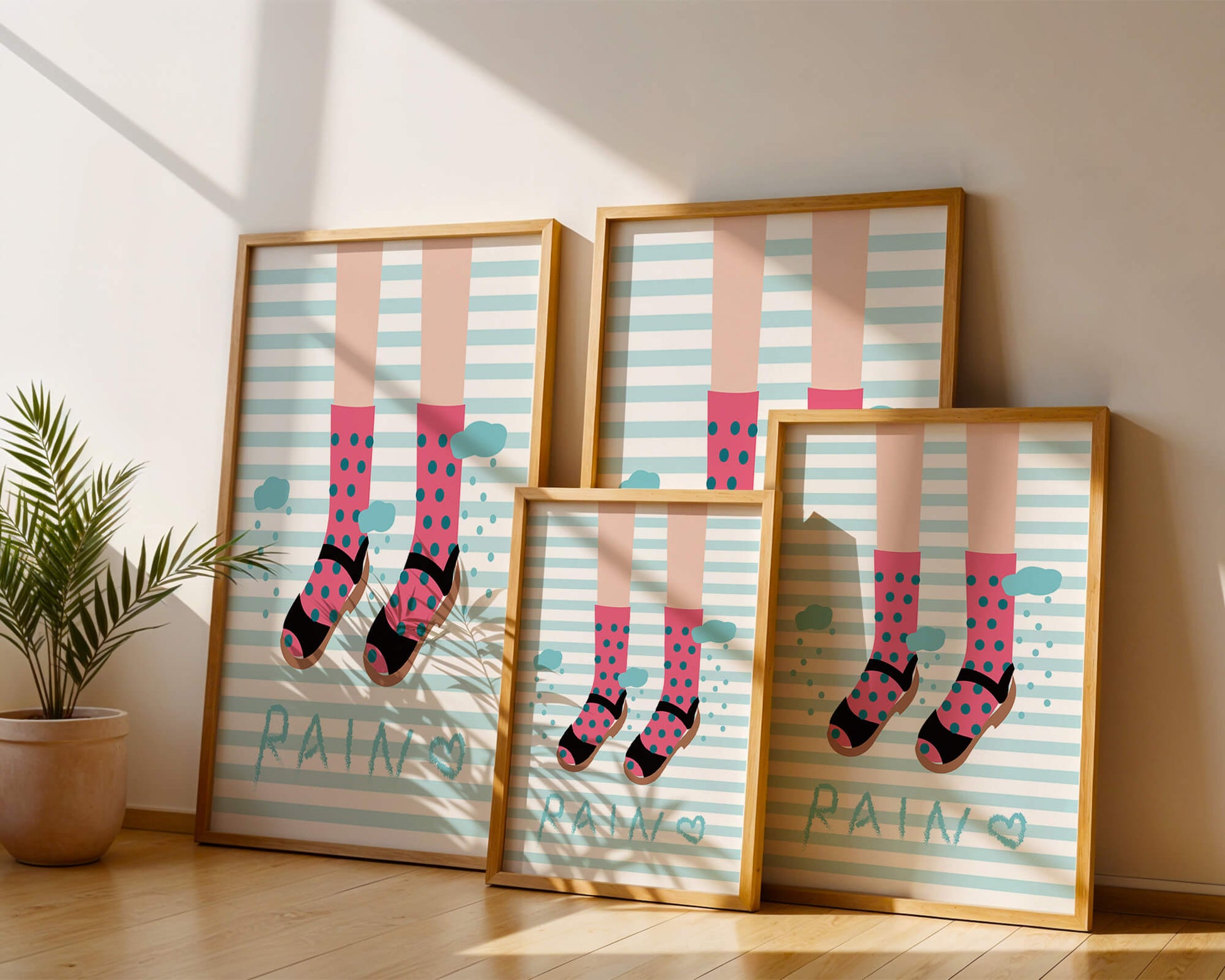 Illustration of polka dot socks and sandals on a striped background