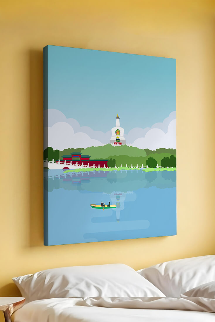Serene lake scene with pagoda and rowing boat
