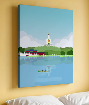 Escena de lago sereno con pagoda y bote de remos