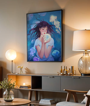 Enchanted underwater scene with girl and glowing jellyfish