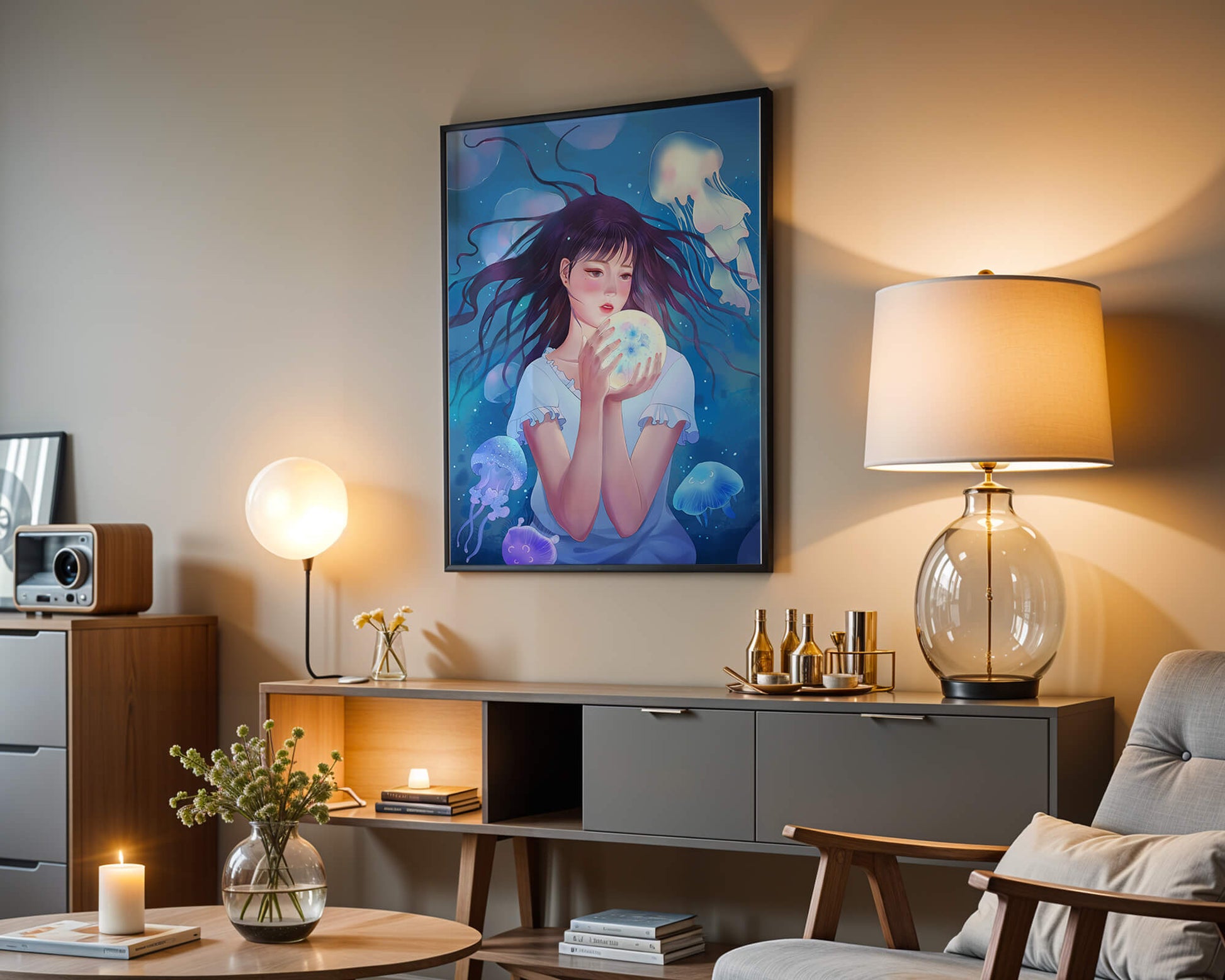 Enchanted underwater scene with girl and glowing jellyfish