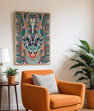 Patrón geométrico de animales con toro y cobra en colores vibrantes