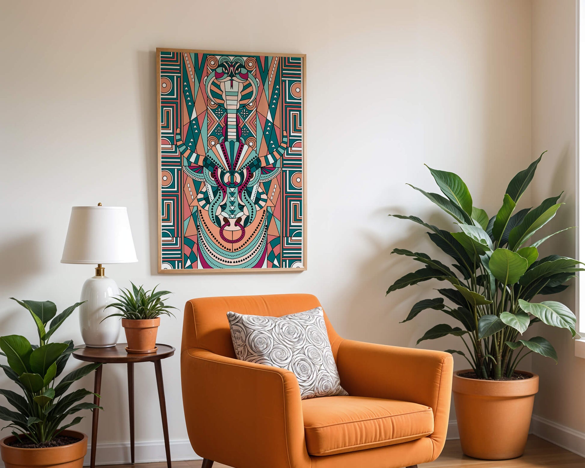 Patrón geométrico de animales con toro y cobra en colores vibrantes