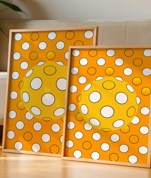 Colorful geometric pattern with white polka dots on orange background
