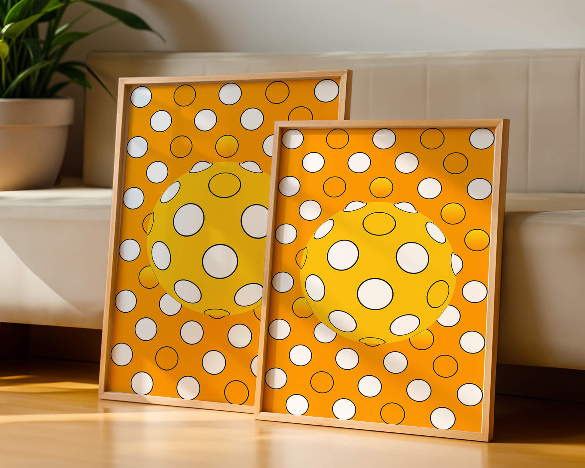 Colorful geometric pattern with white polka dots on orange background