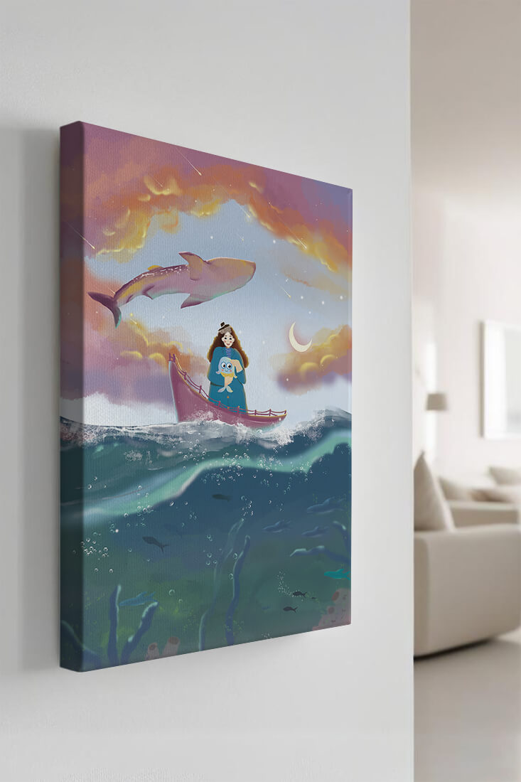 Whimsical illustration of a girl on a boat with a flying whale