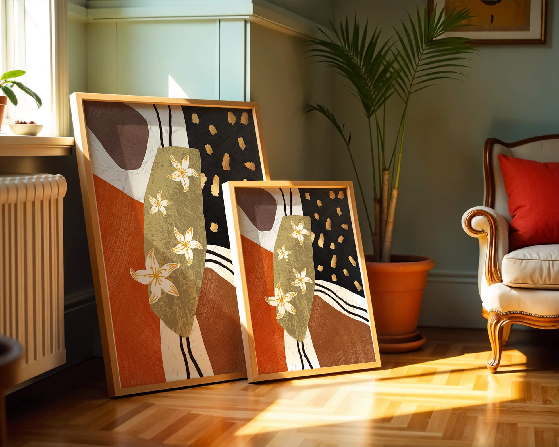 Abstract floral artwork with gold accents and earthy tones