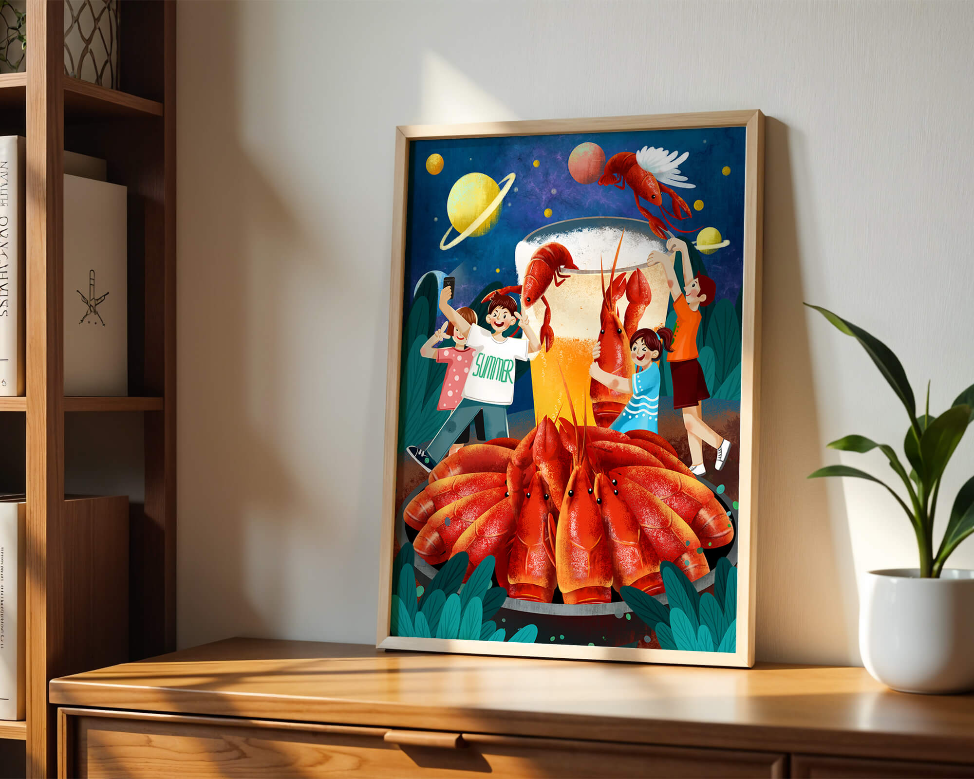 Fantasy illustration with cosmic lobsters and friends enjoying a summer feast