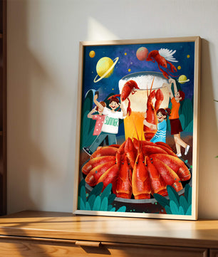 Ilustración de fantasía con langostas cósmicas y amigos disfrutando de un banquete de verano