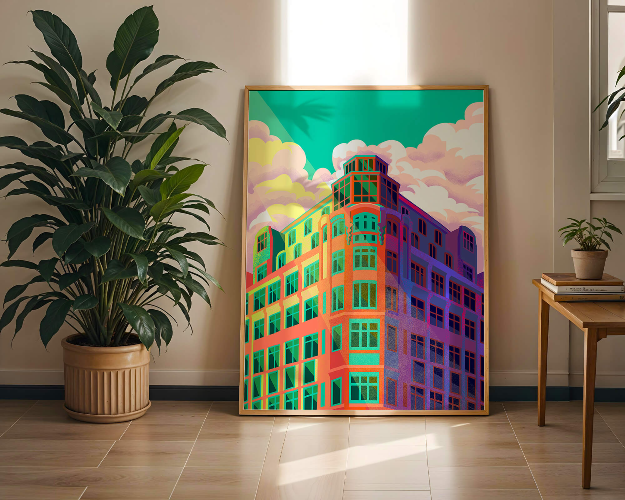 Colorful geometric building with vibrant sky