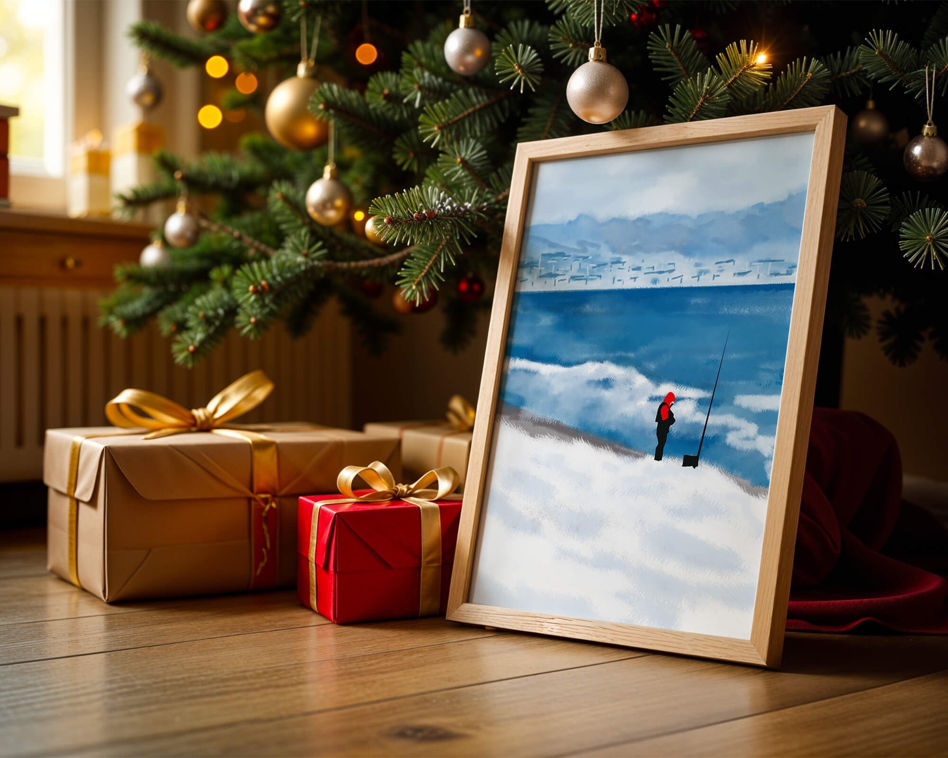 Winterlandschaft mit Person in roter Jacke am Meer