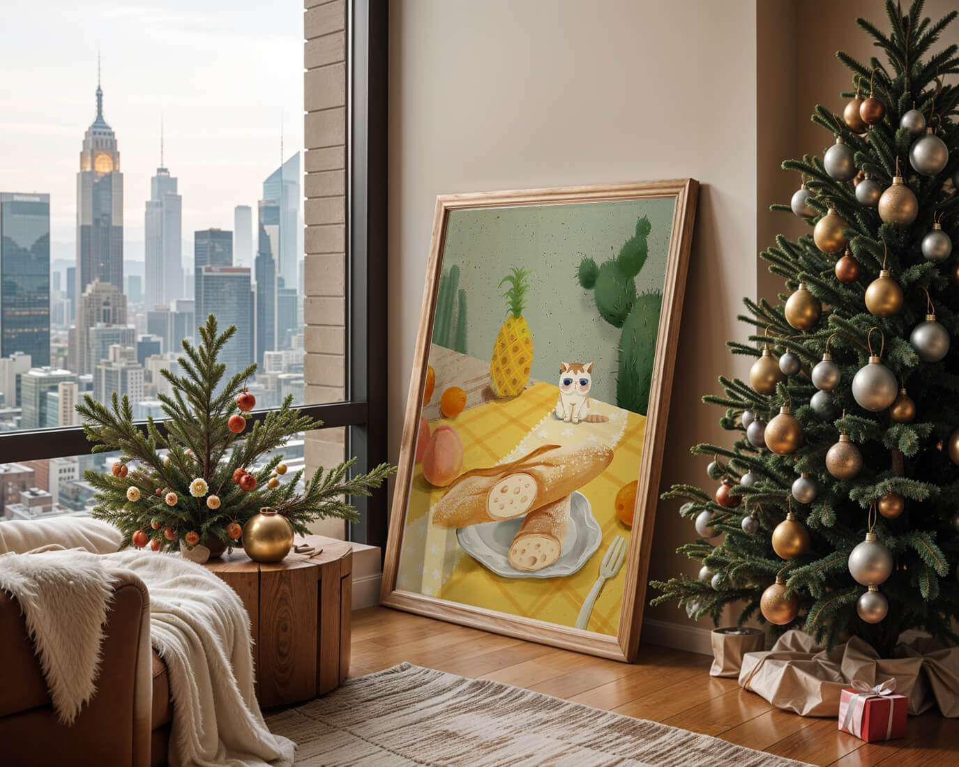 Gato con gafas de sol en un entorno tropical con baguettes y frutas