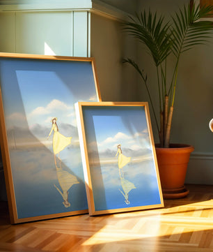 Woman in yellow dress standing on reflective water against clear sky