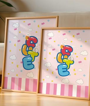 Playful pastel illustration with cute characters and clouds