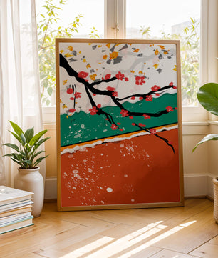Artistic depiction of blossom branches with gold elements and abstract background
