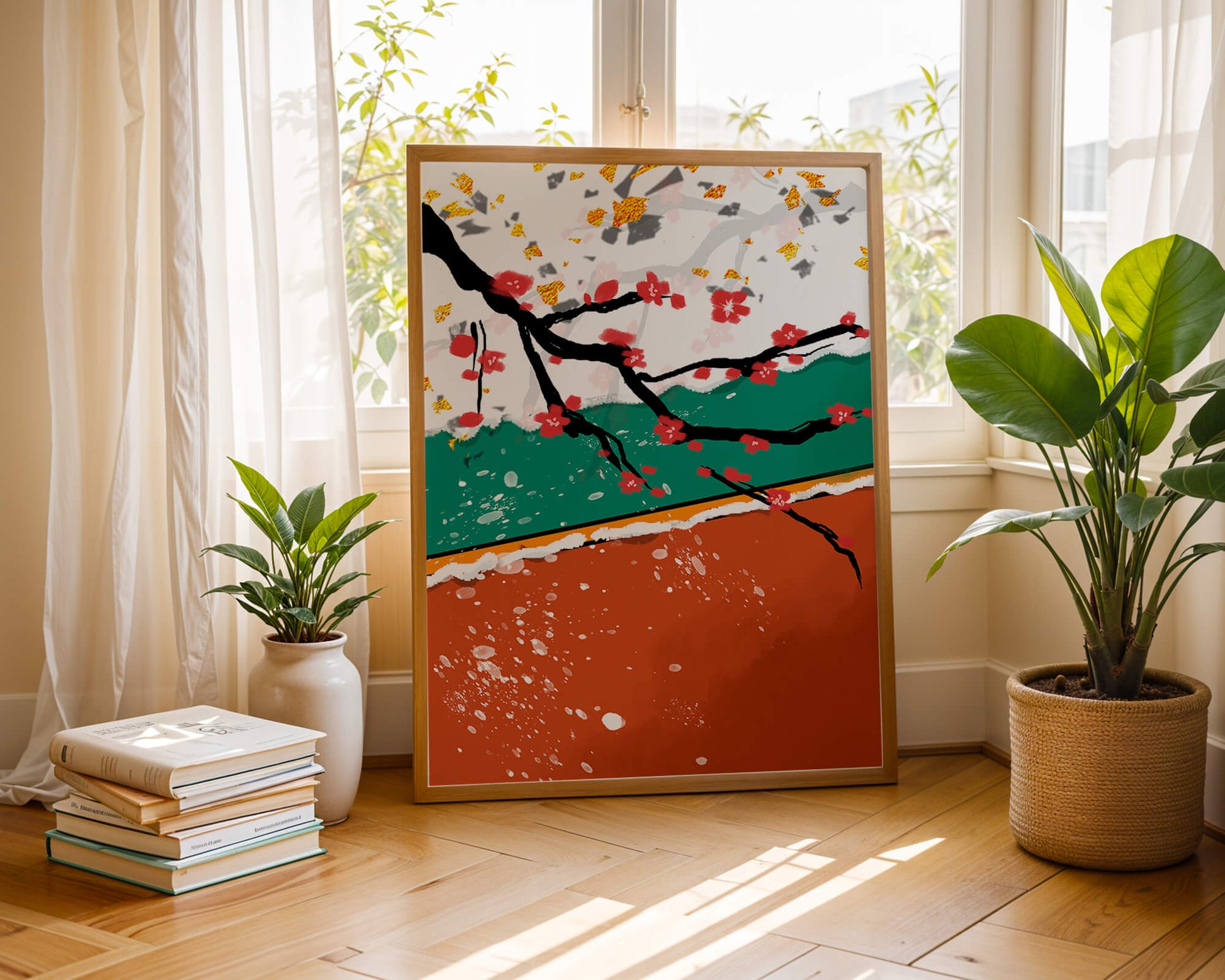 Artistic depiction of blossom branches with gold elements and abstract background