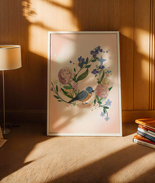 Delightful illustration of a bird amidst colorful flowers on a soft pink background