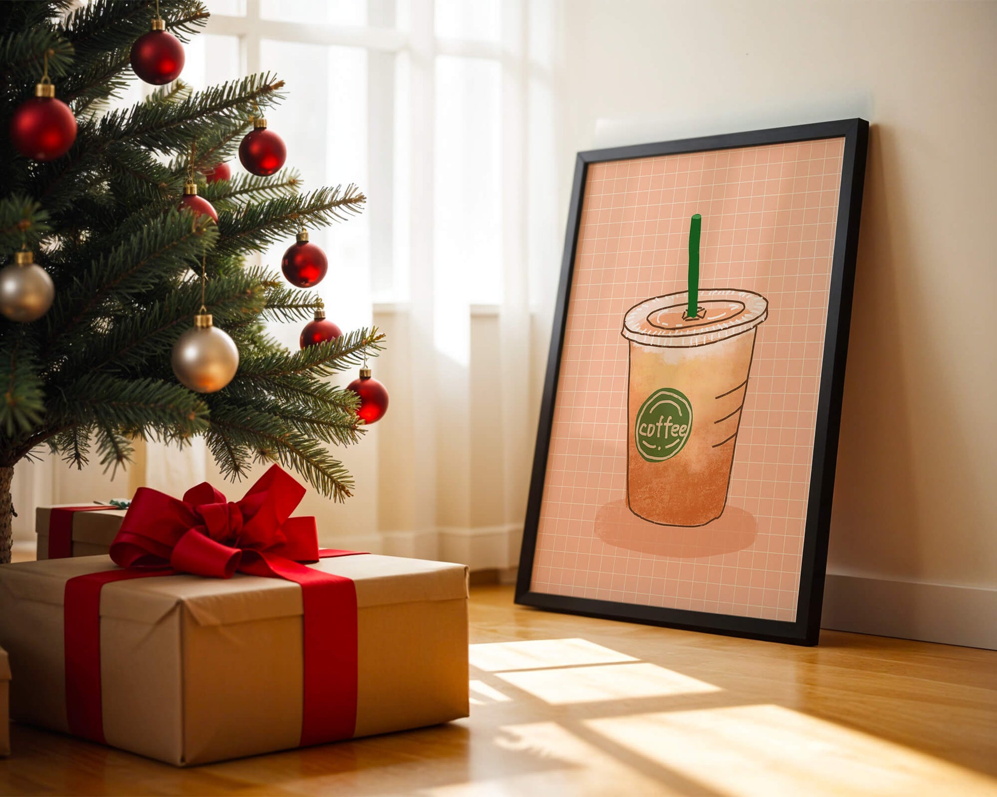 Illustrated iced coffee cup on peach grid background