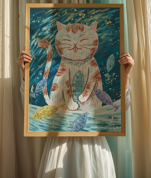 Gato caprichoso con peces coloridos y pinceladas juguetonas
