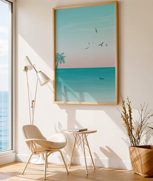 Serene Beach Landscape with Palm Trees and Seagulls at Sunset