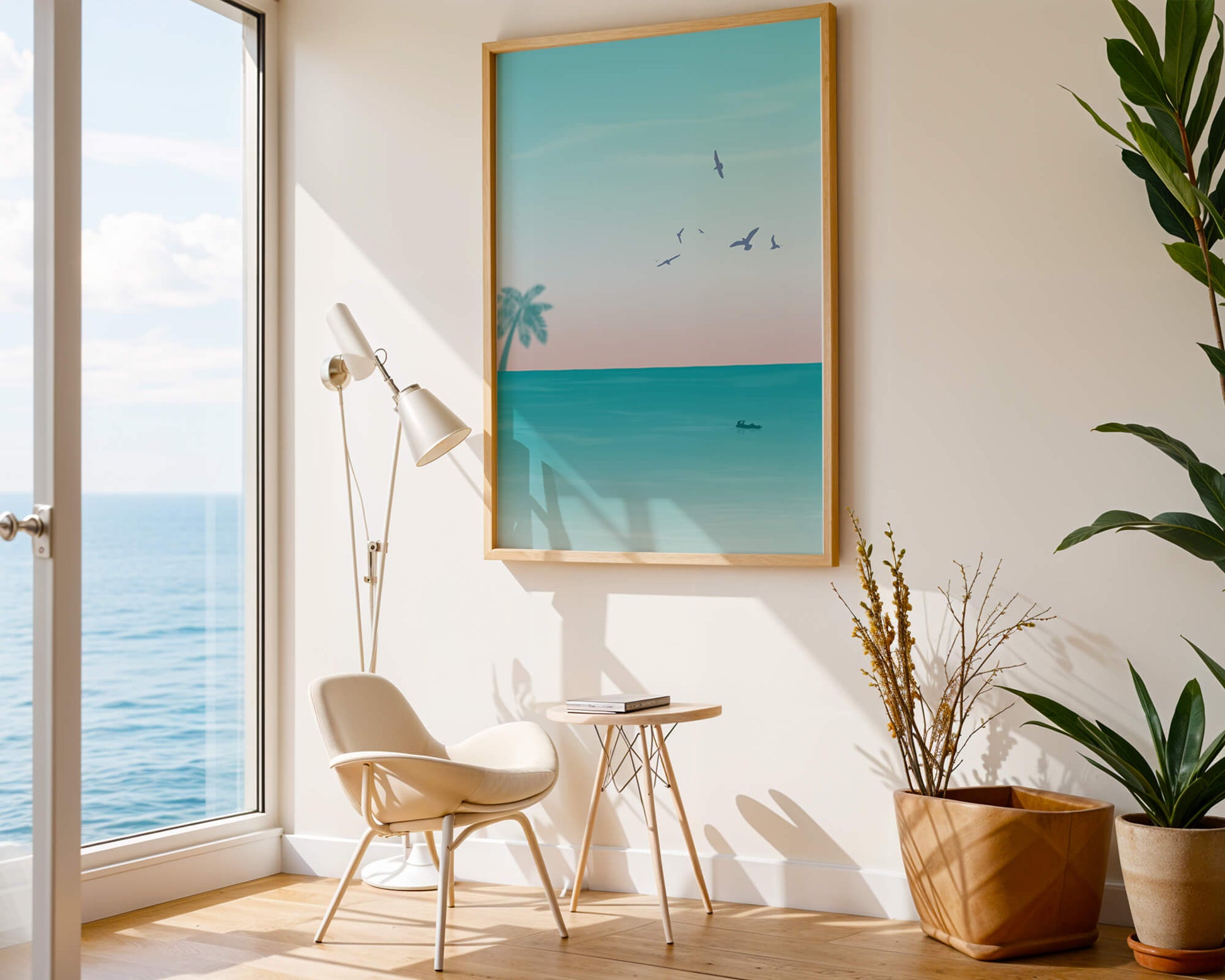 Serene Beach Landscape with Palm Trees and Seagulls at Sunset