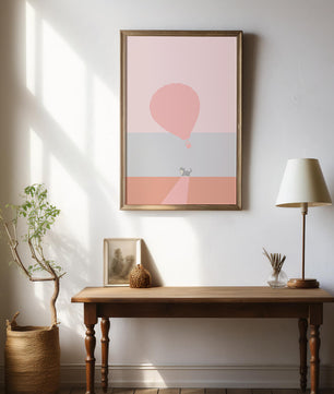Gato en un paisaje minimalista con globo aerostático