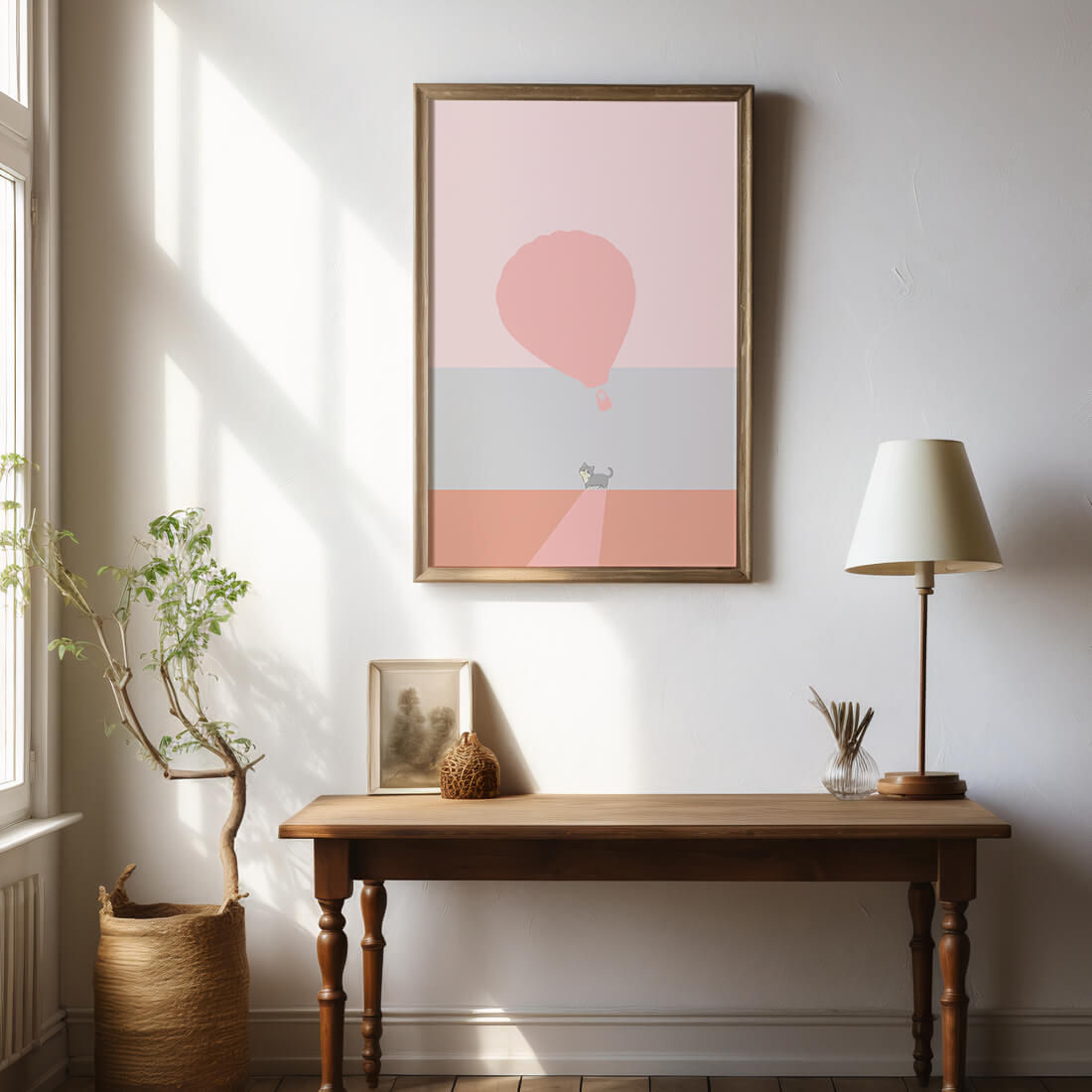 Cat in Minimalist Landscape with Hot Air Balloon