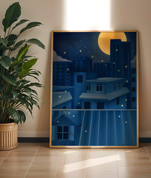 Night Urban Skyline Under a Starry Sky with Bright Full Moon