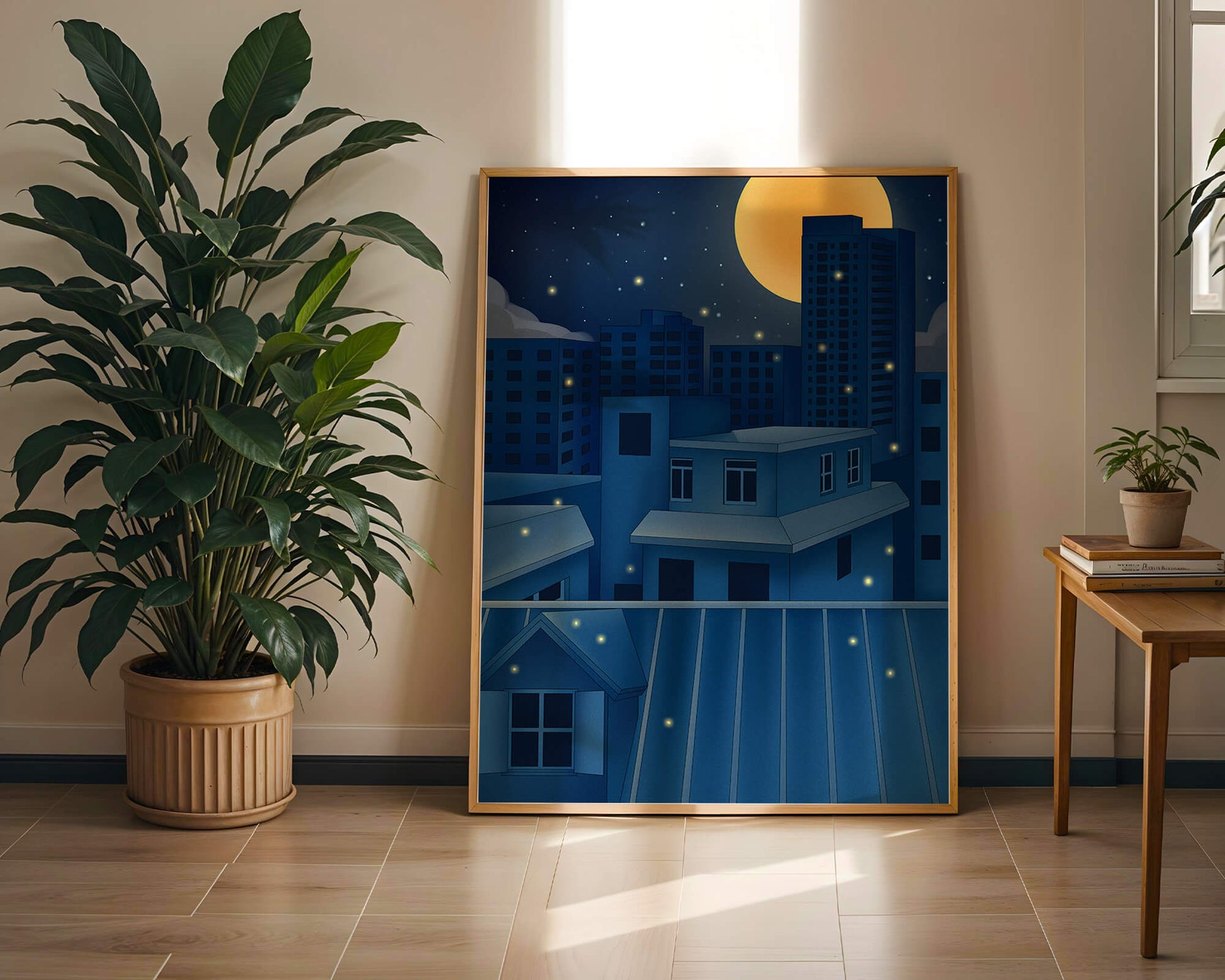 Skyline urbano nocturno bajo un cielo estrellado con una brillante luna llena