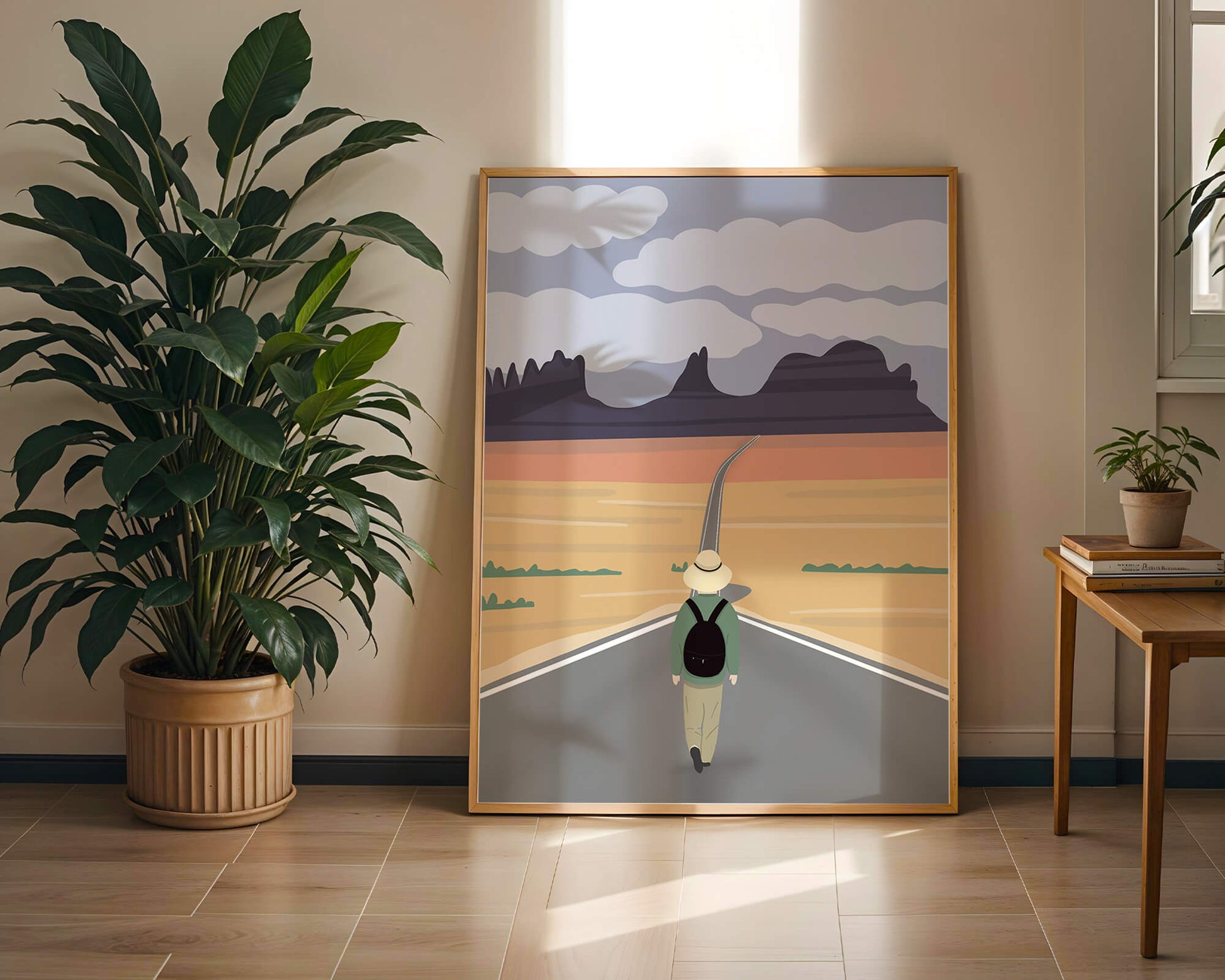 Traveler Walking on Endless Road Toward Mountains