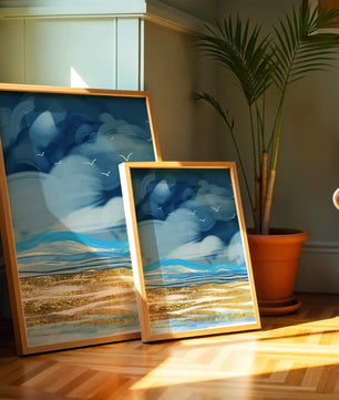 Dynamic Ocean Waves Under Cloudy Sky With Seagulls And Gold-Tinted Sand
