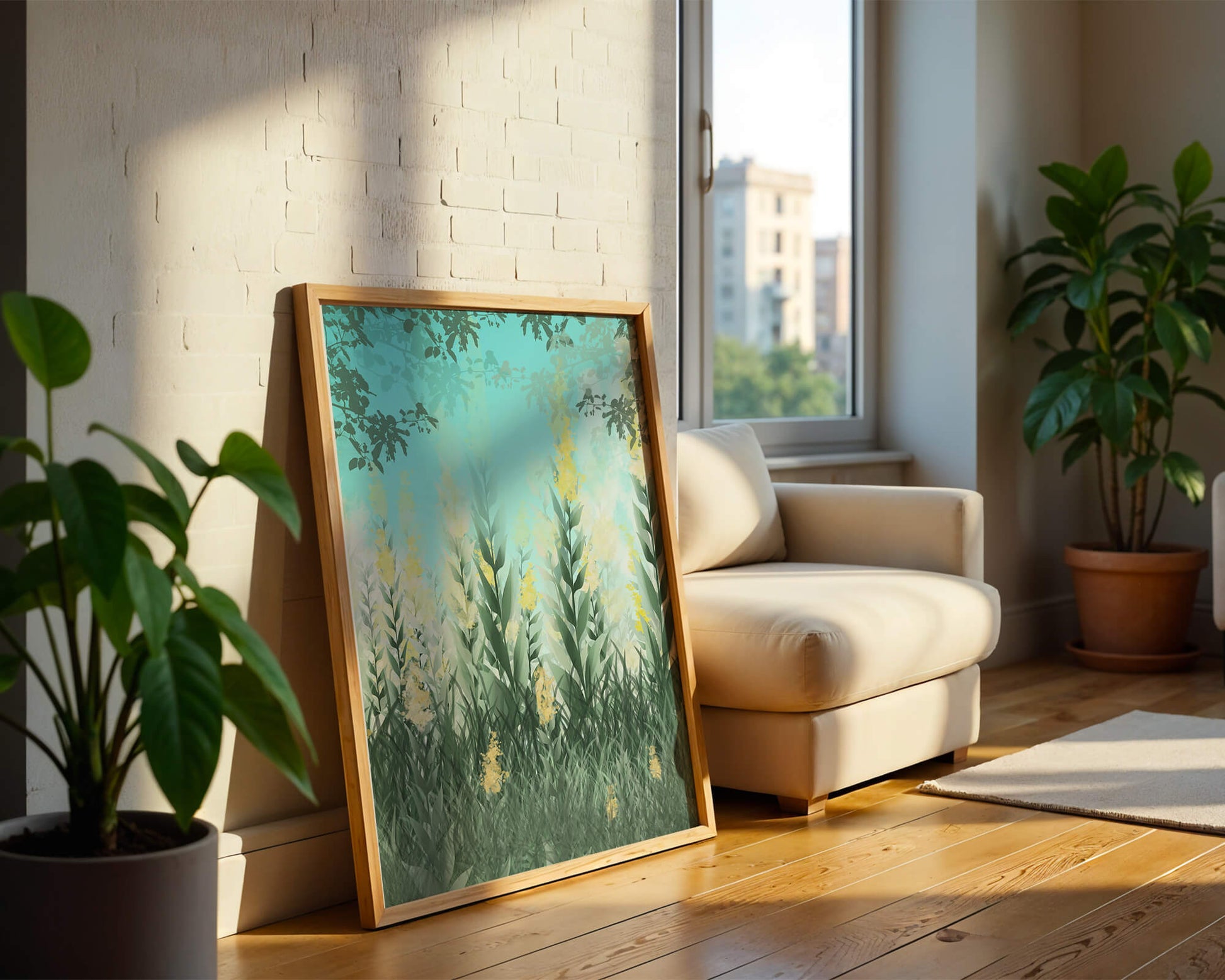 Jardín sereno con hojas verdes altas y flores amarillas bajo el cielo azul